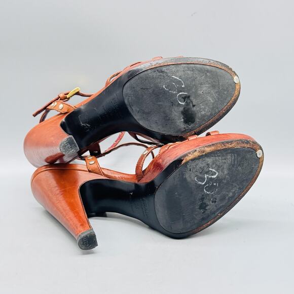 Prada Sandals Womens 6 Brown Leather Studded Strappy Buckle Platform High Heel - Picture 10 of 12